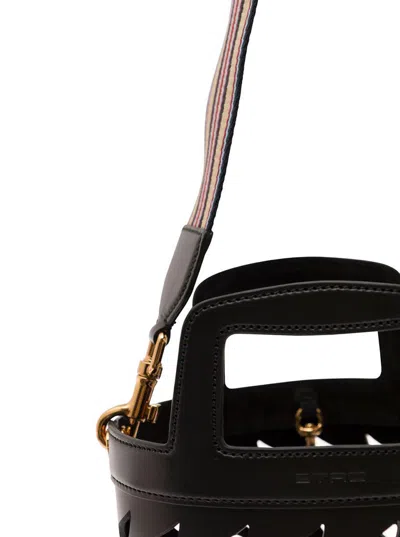 Etro Black Bucket Bag With Multicolor Shoulder Strap And Pegasus Detail In Perforated Leather Woman