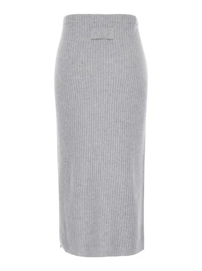 Twinset Midi Grey Skirt With Logo Patch In Knit Woman