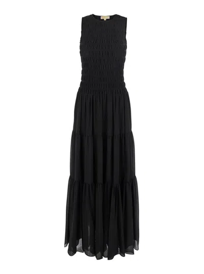 Michael Kors Black Crewneck Sleeveless Long Dress With Ruches And Ruffled Skirt In Tech Fabric Woman In Black