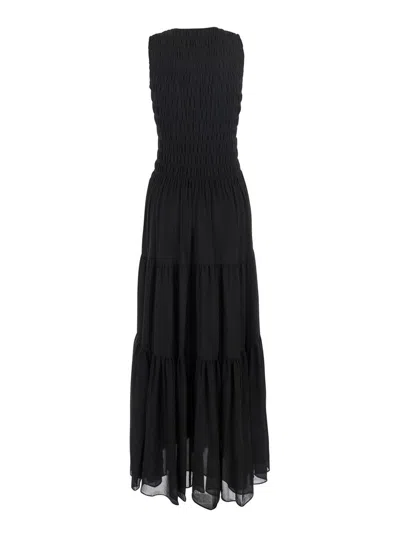 Michael Kors Black Crewneck Sleeveless Long Dress With Ruches And Ruffled Skirt In Tech Fabric Woman In Black
