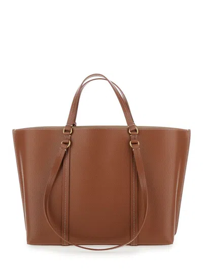 Pinko Brown Large Tote Bag With Logo Charm In Grainy Leather Woman