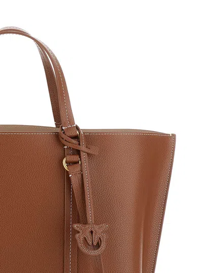 Pinko Brown Large Tote Bag With Logo Charm In Grainy Leather Woman