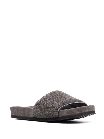 Brunello Cucinelli Grey Suede Slide Sandals With Monile Detail  Woman