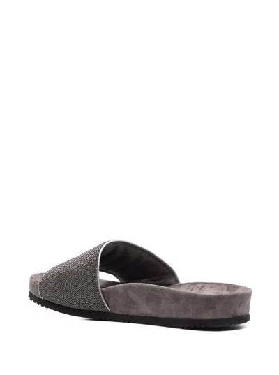 Brunello Cucinelli Grey Suede Slide Sandals With Monile Detail  Woman