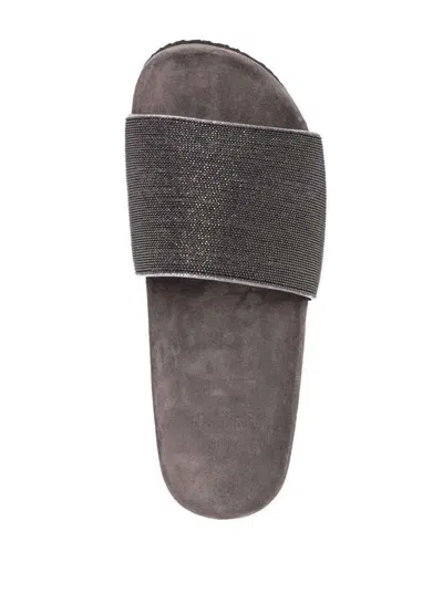 Brunello Cucinelli Grey Suede Slide Sandals With Monile Detail  Woman