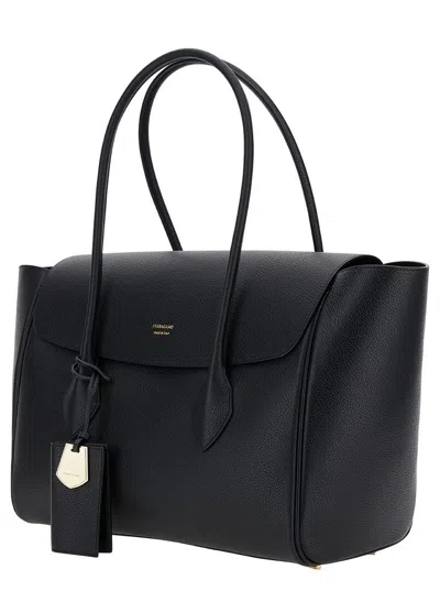 Ferragamo Black Tote Bag With Logo And Plaque Detail In Hammered Leather Woman
