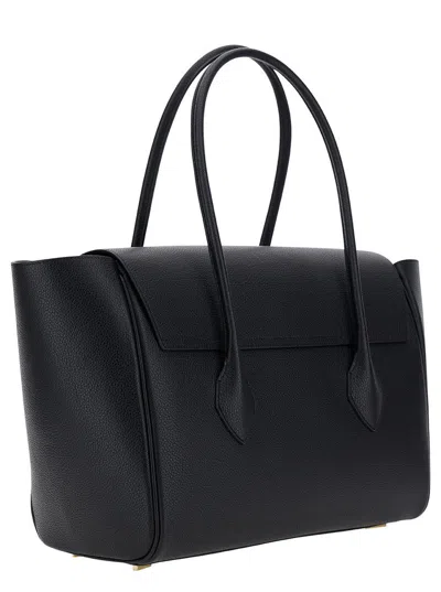 Ferragamo Black Tote Bag With Logo And Plaque Detail In Hammered Leather Woman