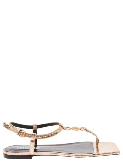 Versace 'medusa '95' Gold-colored Low Sandals With Logo Detail In Snake-printed Leather Woman