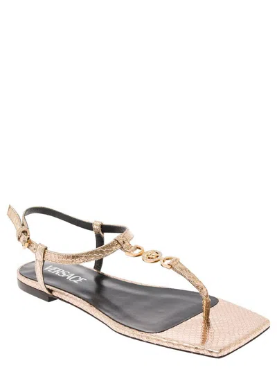 Versace 'medusa '95' Gold-colored Low Sandals With Logo Detail In Snake-printed Leather Woman