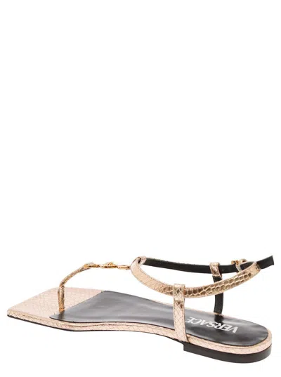 Versace 'medusa '95' Gold-colored Low Sandals With Logo Detail In Snake-printed Leather Woman