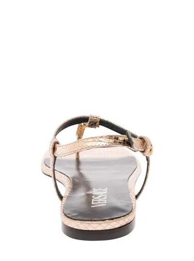 Versace 'medusa '95' Gold-colored Low Sandals With Logo Detail In Snake-printed Leather Woman