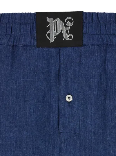 Palm Angels Blue Shorts With Monogram In Linen Woman In Blue