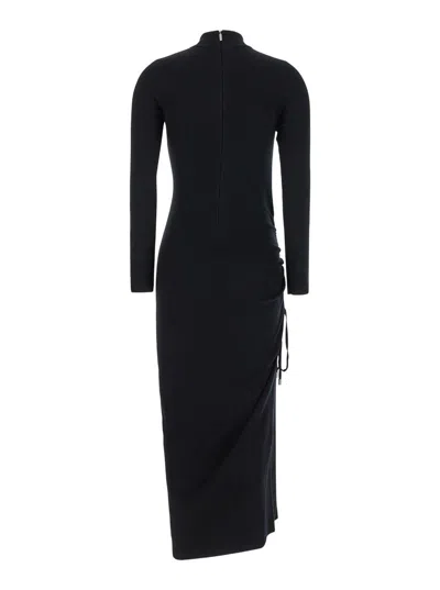 Michael Kors Black Crewneck Midi Dress With Ruched Detail In Wool Woman