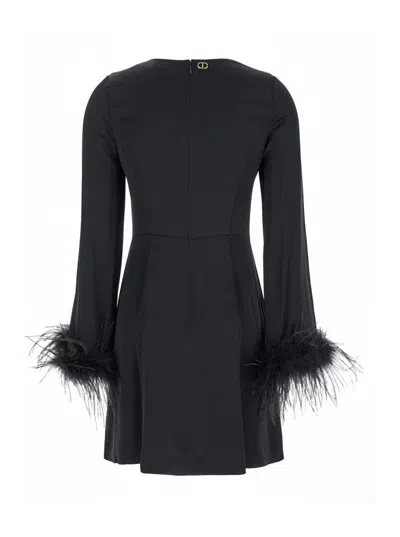 Twinset Black Crewneck Dress With Feathered Cuffs In Viscose Woman In Black