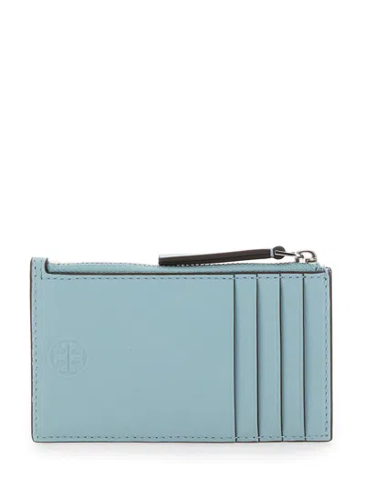 Tory Burch Light Blue Quilted Card Holder With Logo Detail On The Rear In Leather Woman