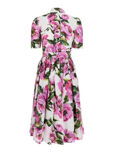 Dolce & Gabbana Pink Crewneck Dress With Logo Lettering Detail On The Front And All-over Floral Motif