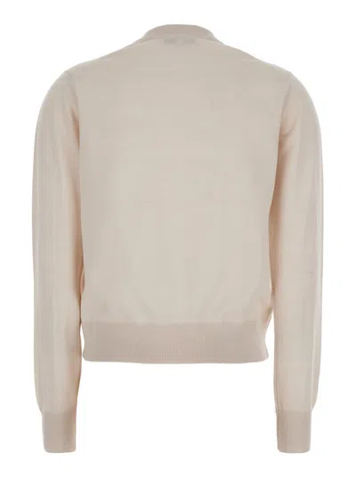 Maison Kitsuné Beige Cropped Cardigan With Round Neck And Logo Embroidery On The Front In Wool Woman