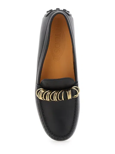 Tod's Black Loafers With Ring Detail On The Front And Rubber Sole In Leather Woman