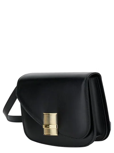 Ferragamo 'fiamma S' Black Shoulder Bag With Logo Detail And Oblique Flap In Leather Woman
