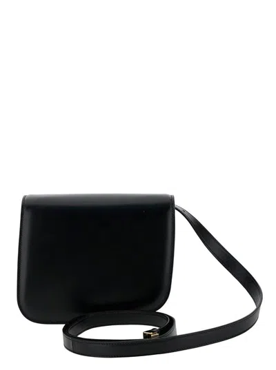 Ferragamo 'fiamma S' Black Shoulder Bag With Logo Detail And Oblique Flap In Leather Woman
