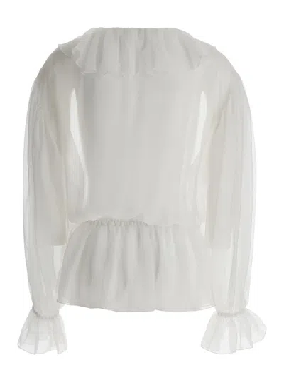 Dolce & Gabbana White Cropped Blouse With Ruffles Trim In Silk Woman