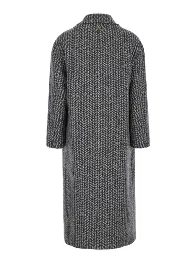 Twinset Grey Double-breasted Coat With With Fishbone Motif In Wool Blend Woman