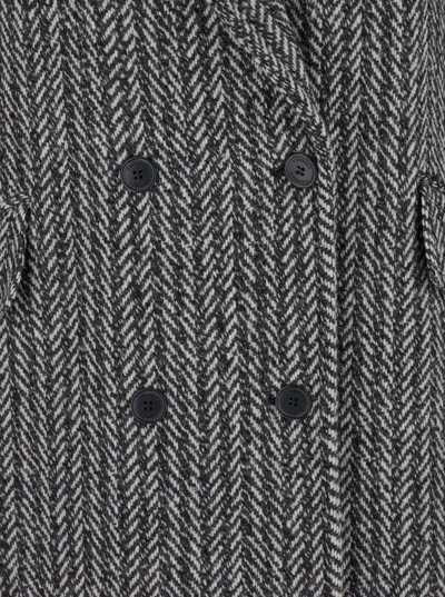 Twinset Grey Double-breasted Coat With With Fishbone Motif In Wool Blend Woman