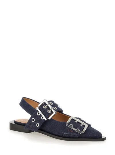 Ganni Blue Ballet Shoes With Double Buckle In Denim Woman