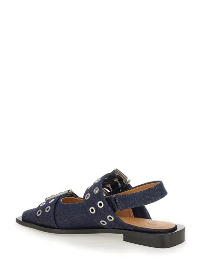 Ganni Blue Ballet Shoes With Double Buckle In Denim Woman