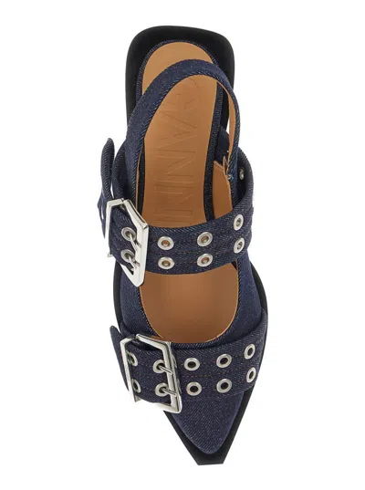 Ganni Blue Ballet Shoes With Double Buckle In Denim Woman