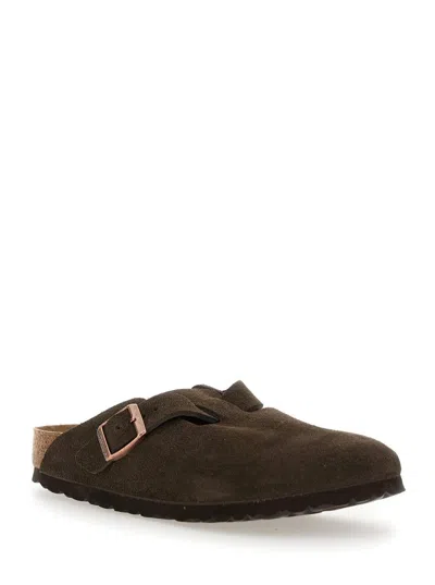 Birkenstock 'boston' Brown Slip-on Mules With Buckle In Suede Woman
