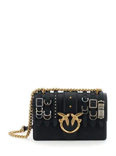 Pinko 'love One Mini Light' Black Crossbody Bag With Love Birds Diamond Cut Buckle On The Front And Straps