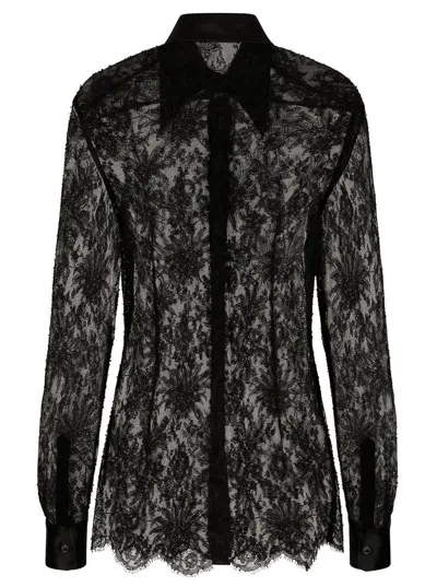 Dolce & Gabbana Black Slim Shirt With Satin Details In Chantilly Lace Woman