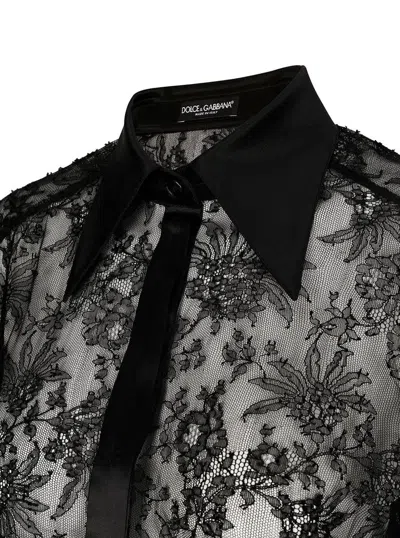 Dolce & Gabbana Black Slim Shirt With Satin Details In Chantilly Lace Woman
