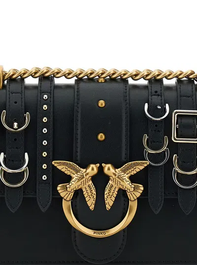Pinko 'love One Mini Light' Black Crossbody Bag With Love Birds Diamond Cut Buckle On The Front And Straps