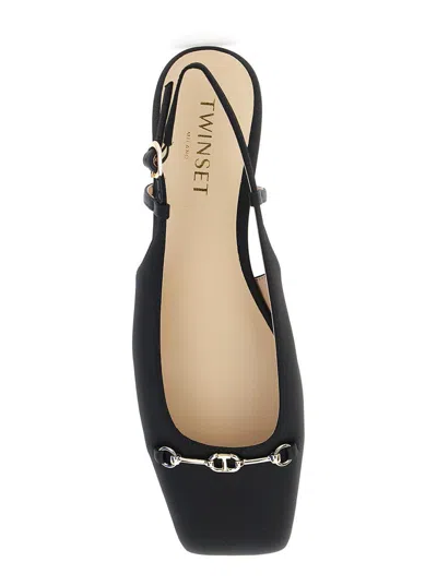 Twinset Black Ballet Shoes With Square Toe And Logo Plaque On The Front In Tech Fabric Woman
