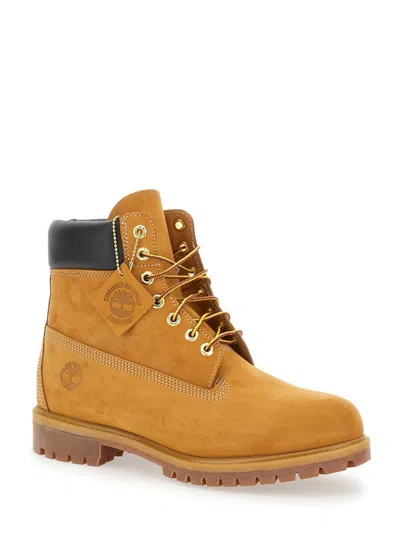 Timberland Premium Beige Ankle Boots With Embossed Logo On The Side And Front Lace-up Closure In Leather Man