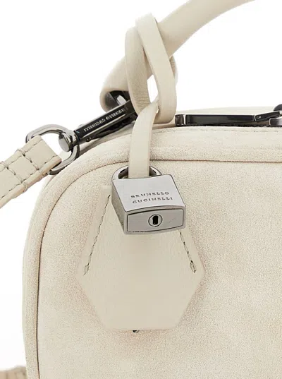 Brunello Cucinelli 'boston Explorer' White Crossbody Bag With Removable Metal Padlock Charm In Suede Woman