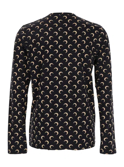 Marine Serre Black Crewneck Top With All-over Moon Print In Tech Fabric Stretch Woman