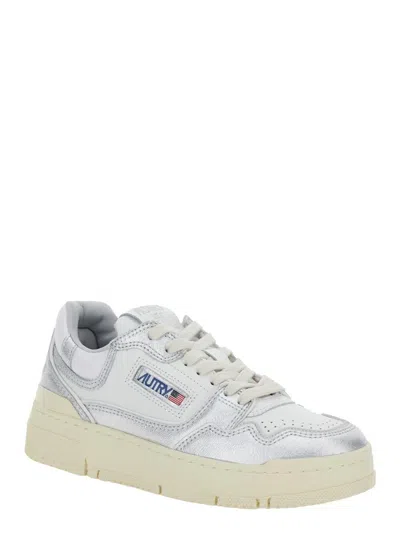 Autry Silver And White Low Top Sneakers With Logo Patch In Metallic Leather Woman