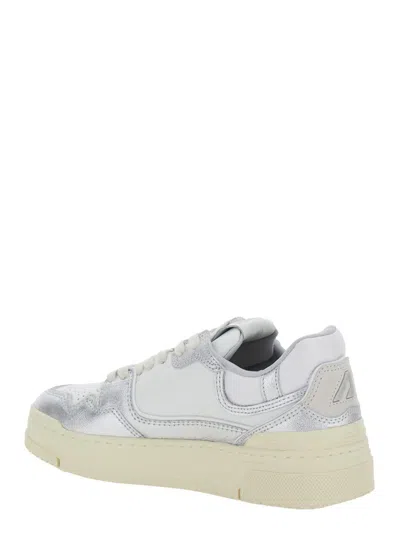Autry Silver And White Low Top Sneakers With Logo Patch In Metallic Leather Woman