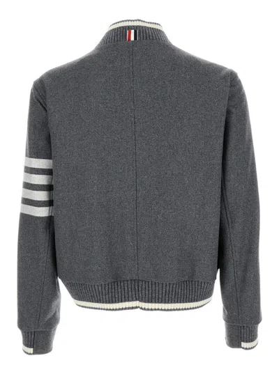Thom Browne Grey Bomber Jacket With Signature 4bar Stripe In Wool Man In Black