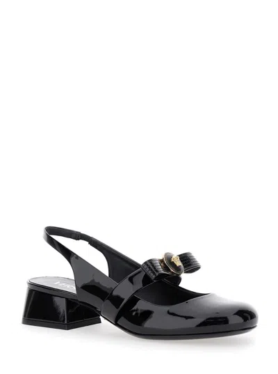 Versace Black Ballerina Shoes With Heel And Medusa Detail On The Front In Shiny Leather Woman