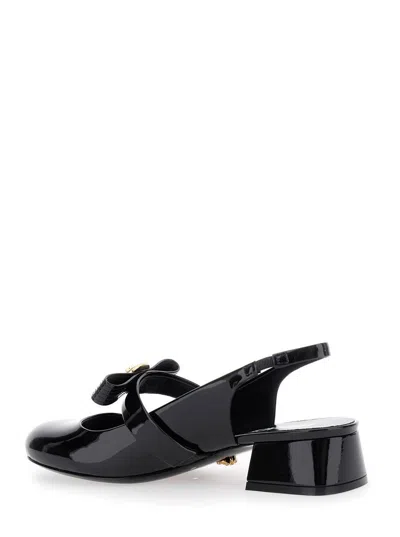 Versace Black Ballerina Shoes With Heel And Medusa Detail On The Front In Shiny Leather Woman