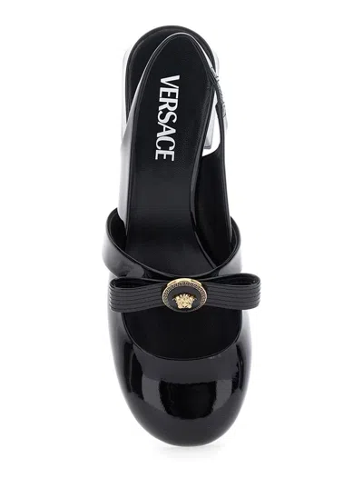 Versace Black Ballerina Shoes With Heel And Medusa Detail On The Front In Shiny Leather Woman