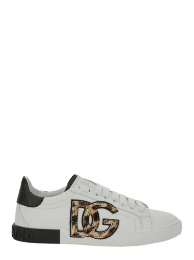 Dolce & Gabbana White Low Top Sneaker With Animal-motif Logo In Leather Woman