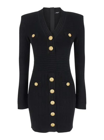Balmain Mini Black Dress With Golden Buttons In Stretch Viscose Woman In Black