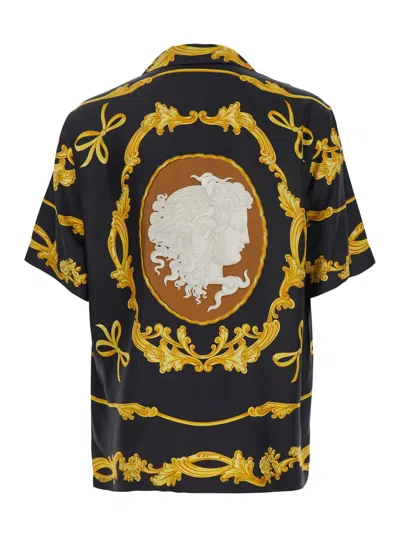 Versace Black Shirt With Cuban Collar And All-over Graphic Print In Silk Man