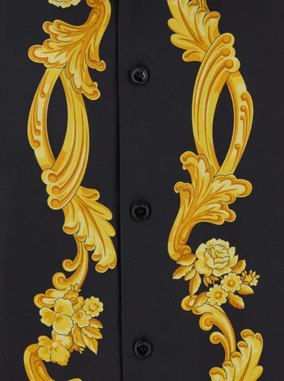 Versace Black Shirt With Cuban Collar And All-over Graphic Print In Silk Man