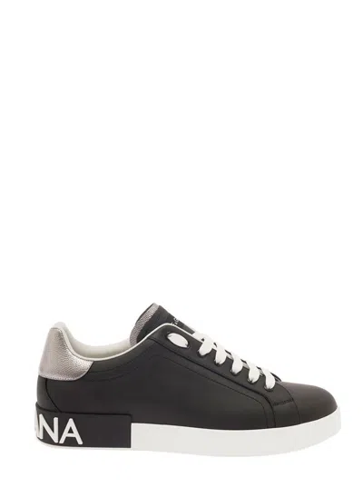 Dolce & Gabbana Portofino Black Low Top Sneakers With Metal Heel Tab And Logo Patch In Leather Man